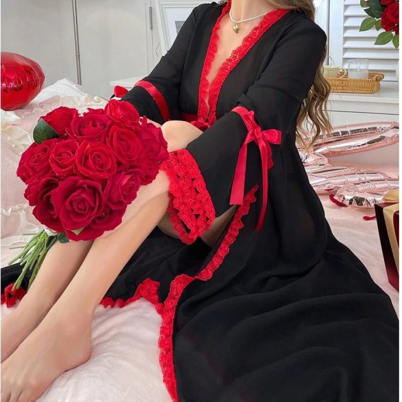 ملابس سكسيه صيفية شفافة - رداء منزلي مثير بزخارف دانتيل من ياوتينج